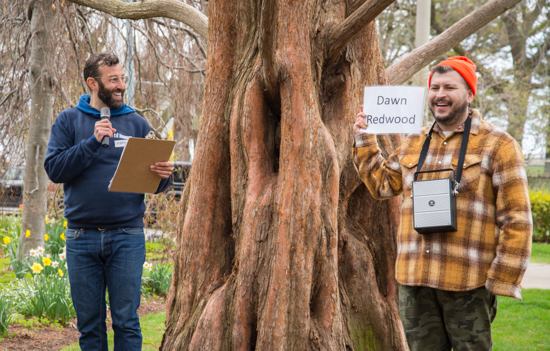 City staff stands in front of a large dawn redwood tree, with a member of the public holding a sign with the trees name.
