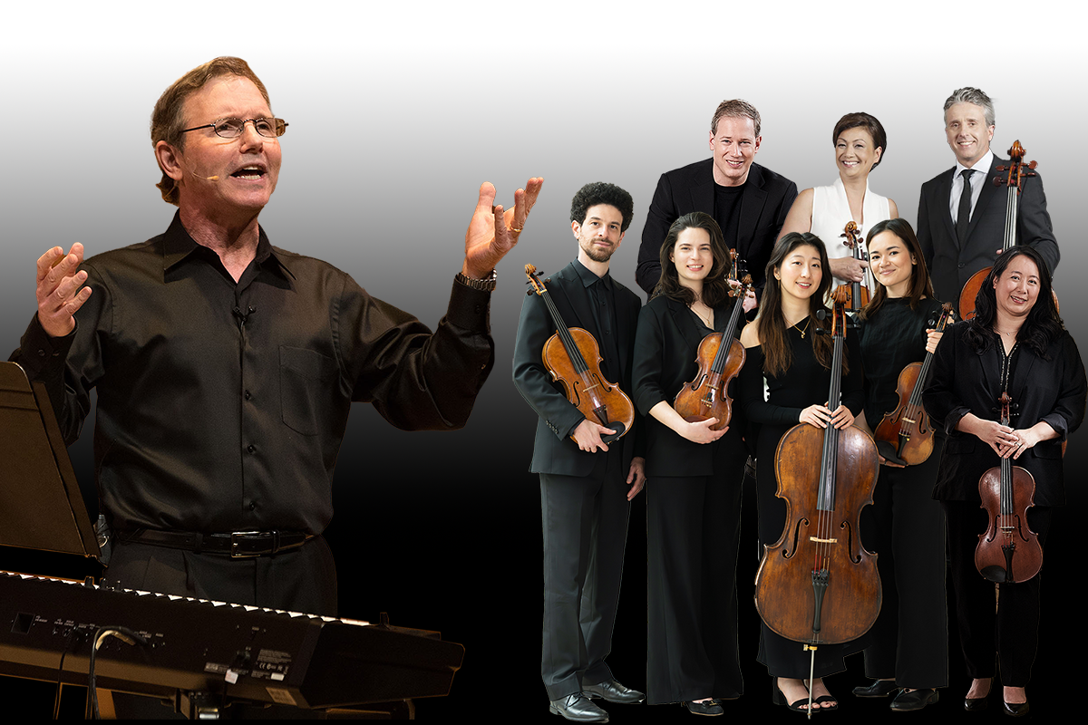 Lively speaker in a black shirt conducting, with eight musicians dressed in black, holding classical instruments