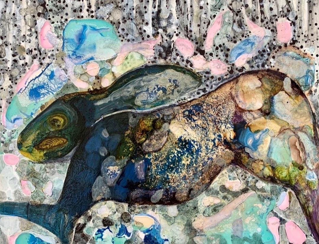 Abstract, colourful mixed media painting of a rabbit