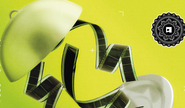 Neon green arm of film tape coming out of a pot like object with a black flower design to the right.
