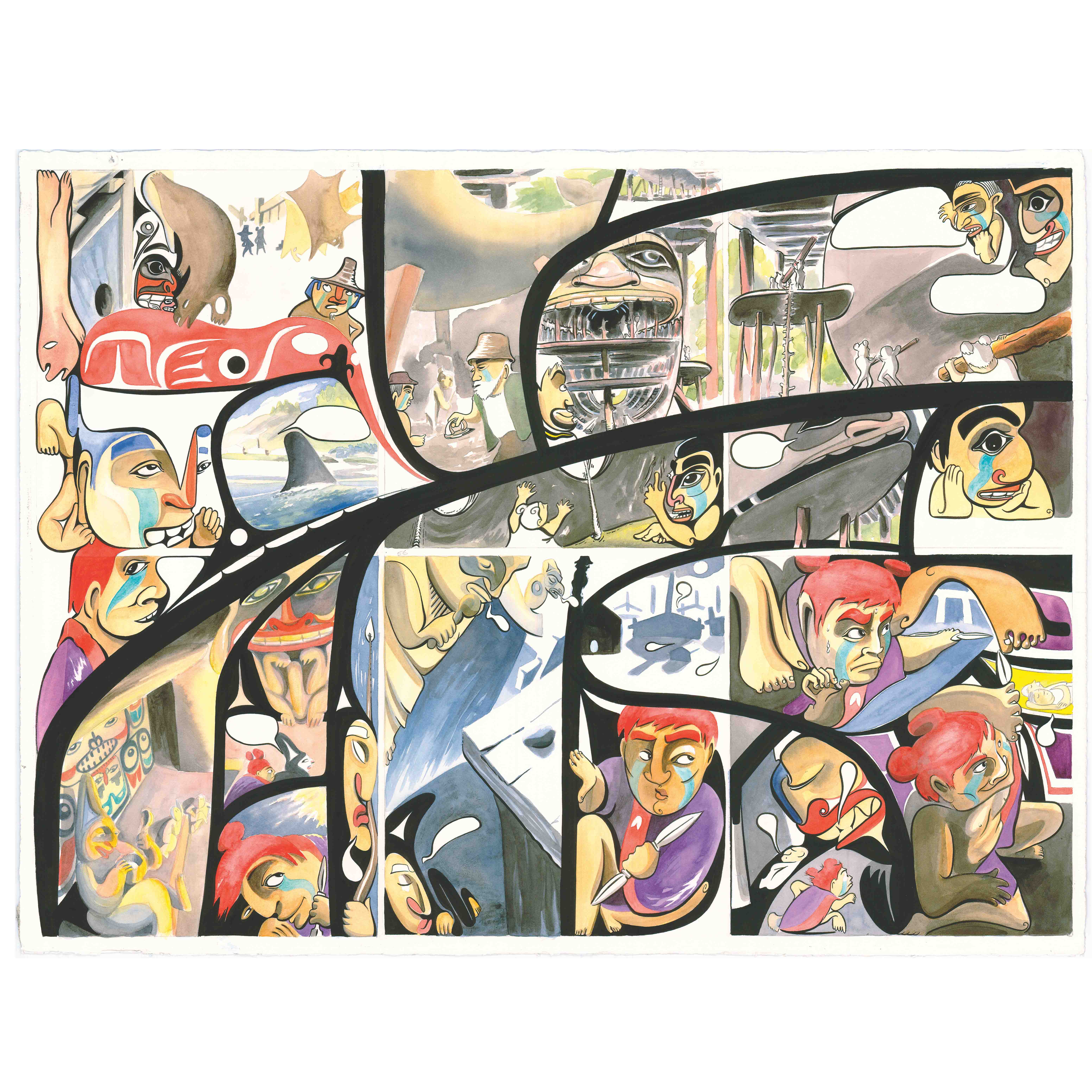 Haida manga illustration featuring people and Haida iconography